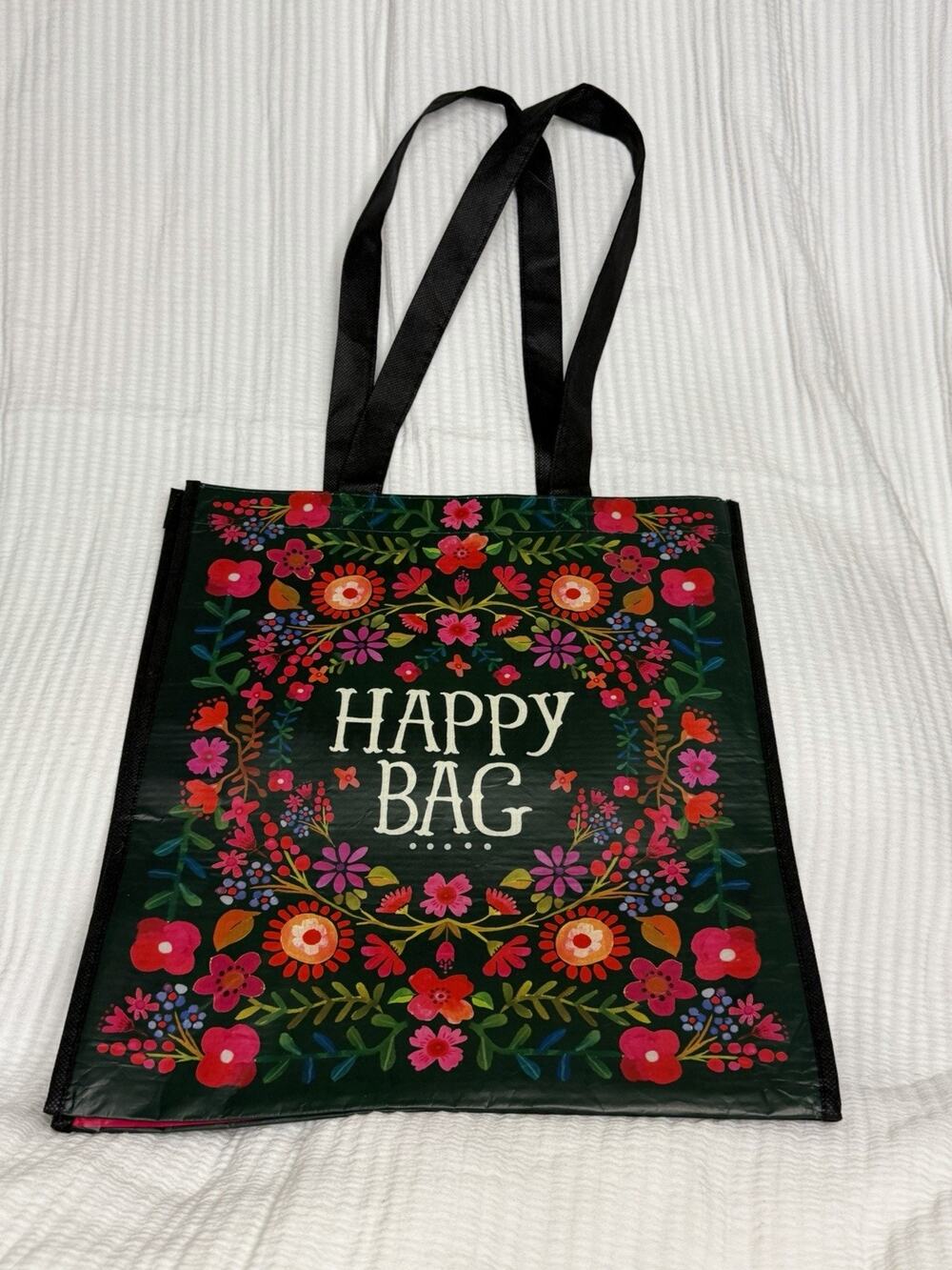NW/OT Natural Life Reusable Tote Grocery Flower Floral Large Happy Happy Bag